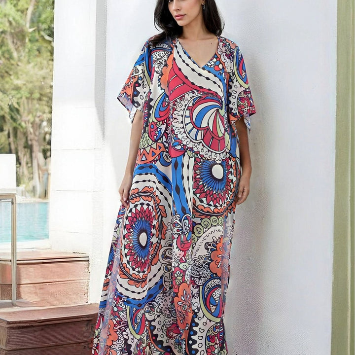 Dame Strandkaftan med livligt print og sidelæg Stilla