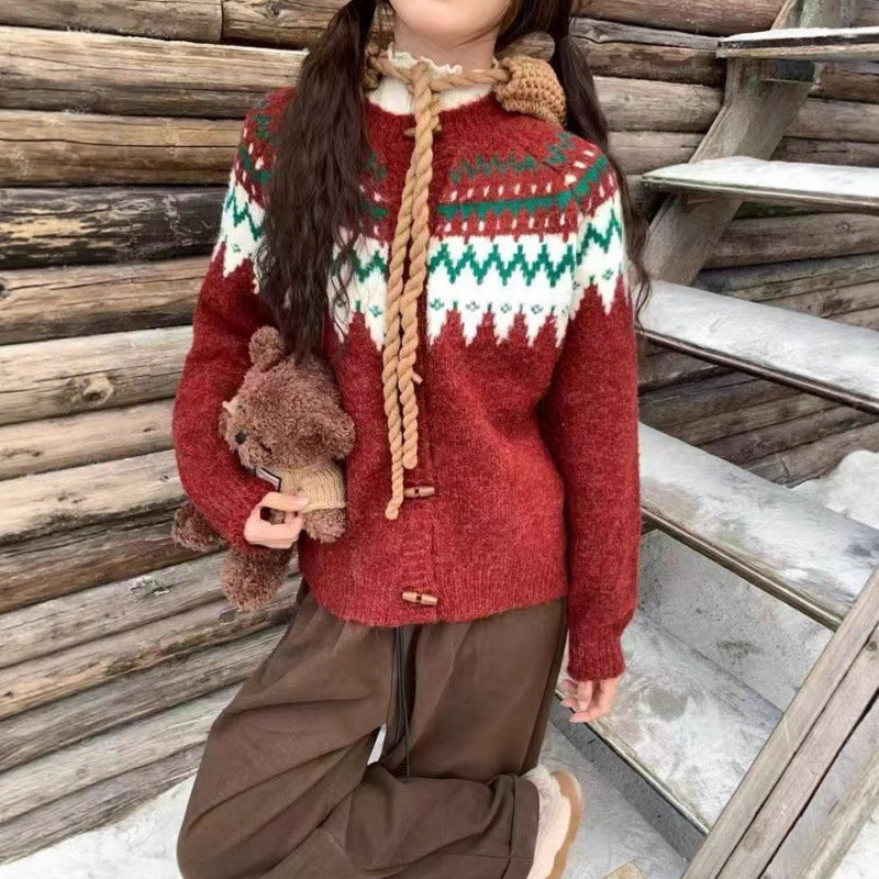 Dame Cozy Knit Sweater med Traditionelt Norsk Mønster og Hue Stilla