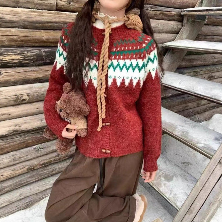 Dame Cozy Knit Sweater med Traditionelt Norsk Mønster og Hue Stilla