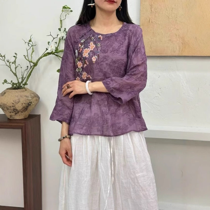Dame broderet linned blouse med trekvartærmer Stilla