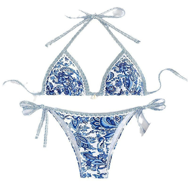 Dame triangel-bikini med floralt tryk og raffinerede bindebånd Skovae