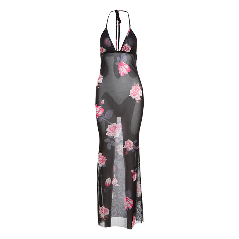 Dame Maxi Strandkjole med floral mesh-design og dyb V-udskæring Skovae