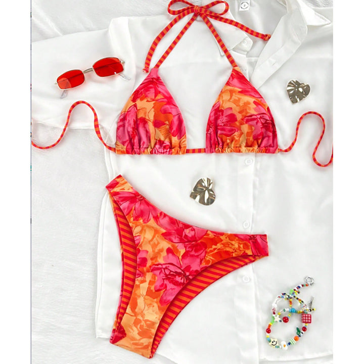 Dame Triangel-Bikini med dristigt blomsterdesign og justerbare stropper Skovae