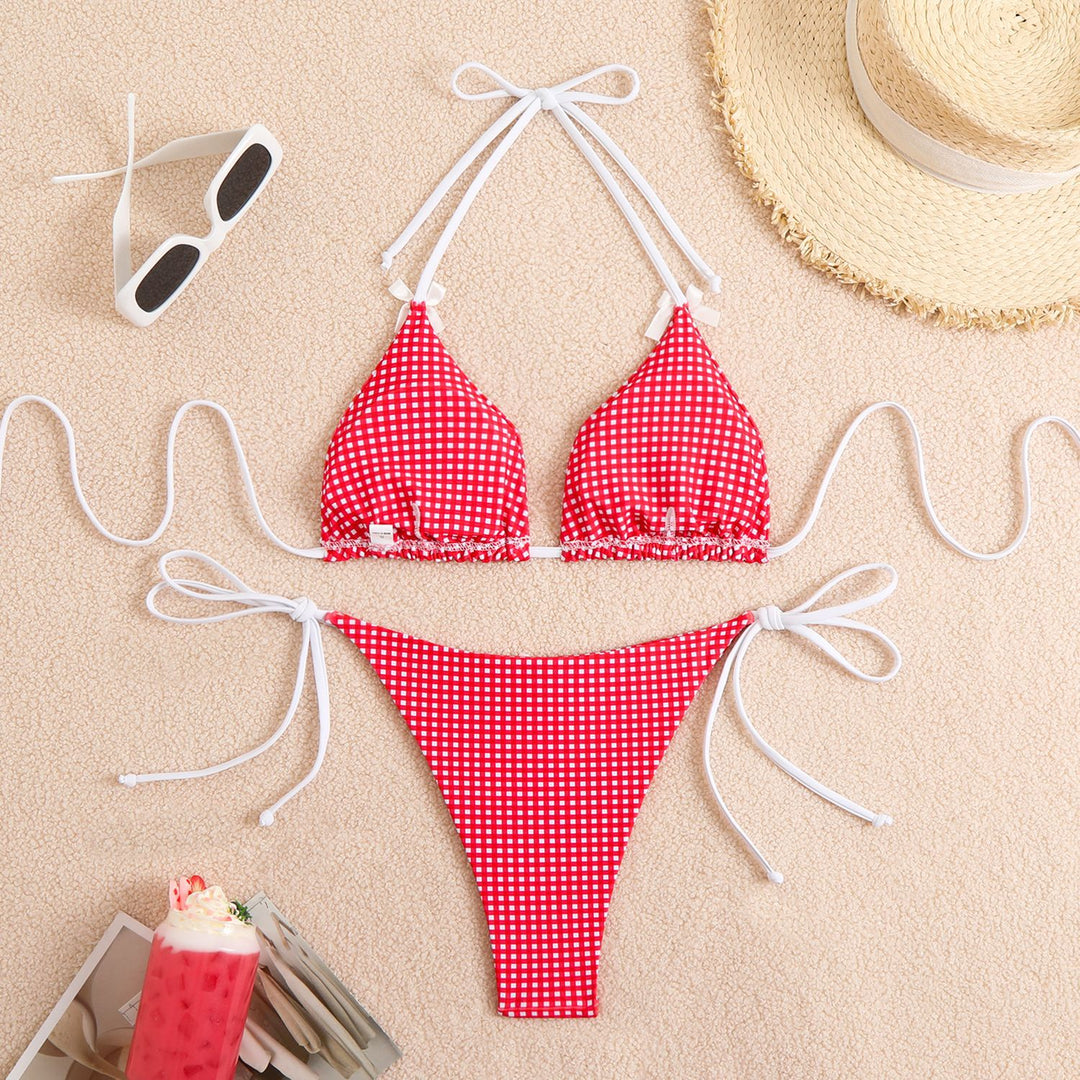 Dame Gingham Tryk Justerbart Trekant Bikini Sæt Stilla