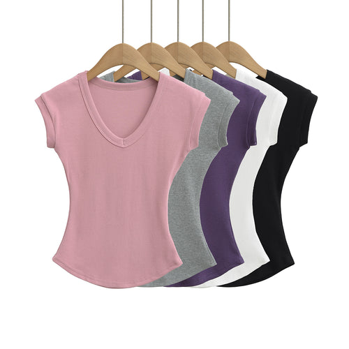 Dame V-hals T-shirt med figursyet snit og blødt materiale Stilla