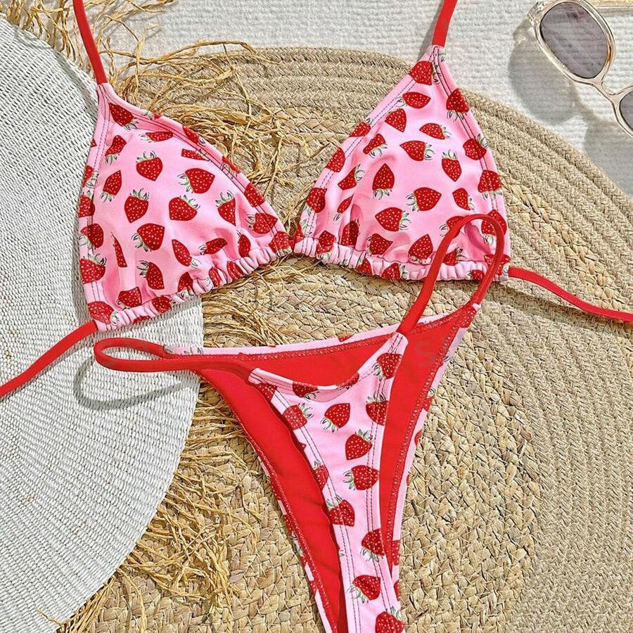 Dame triangel-bikini med frugtagtig design og justerbare stropper Stilla