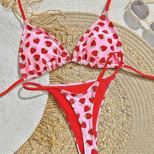 Dame triangel-bikini med frugtagtig design og justerbare stropper Stilla