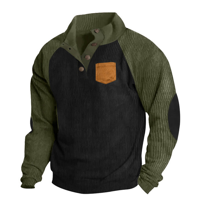 Herrer nan struktureret halvknap-strikpullover i cord-look med raglanærmer, påsyet brystlomme og albue-patches Skovae