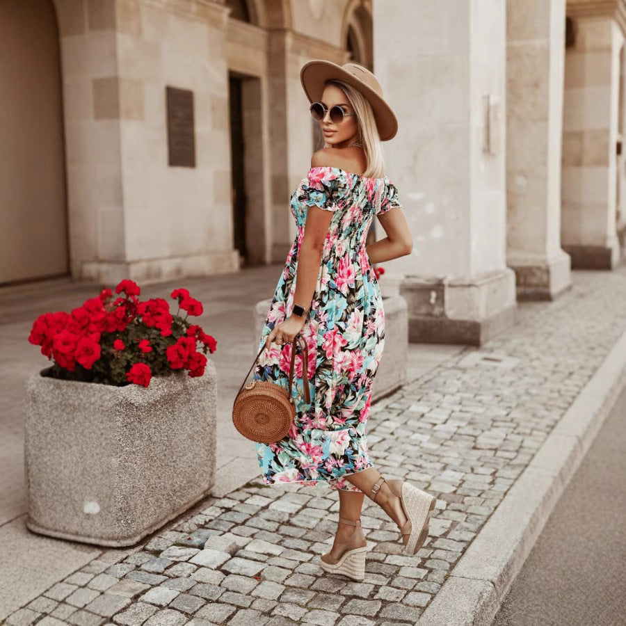 Dame maxikjole med blomster V-udskæring og svingende skirt Stilla