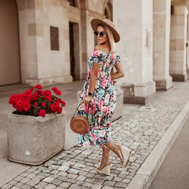 Dame maxikjole med blomster V-udskæring og svingende skirt Stilla