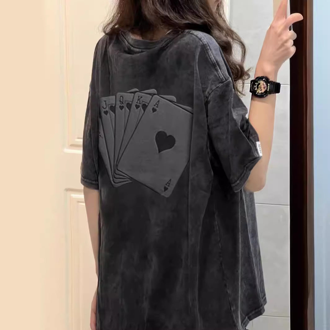Dame T-shirt med kreativt spillekortmotiv og afslappet pasform Stilla