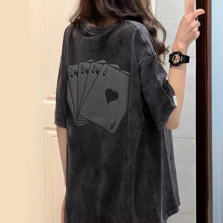 Dame T-shirt med kreativt spillekortmotiv og afslappet pasform Stilla