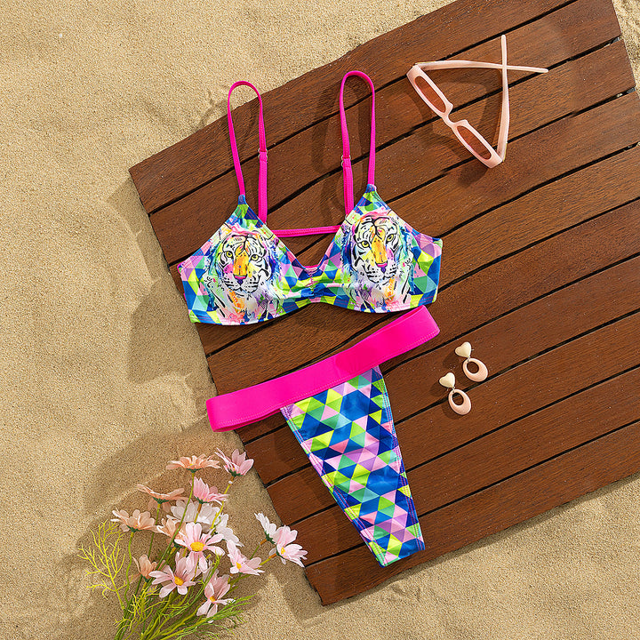 Dame Bikini-sæt med trendy tigerudskæring og geometrisk mønster Stilla
