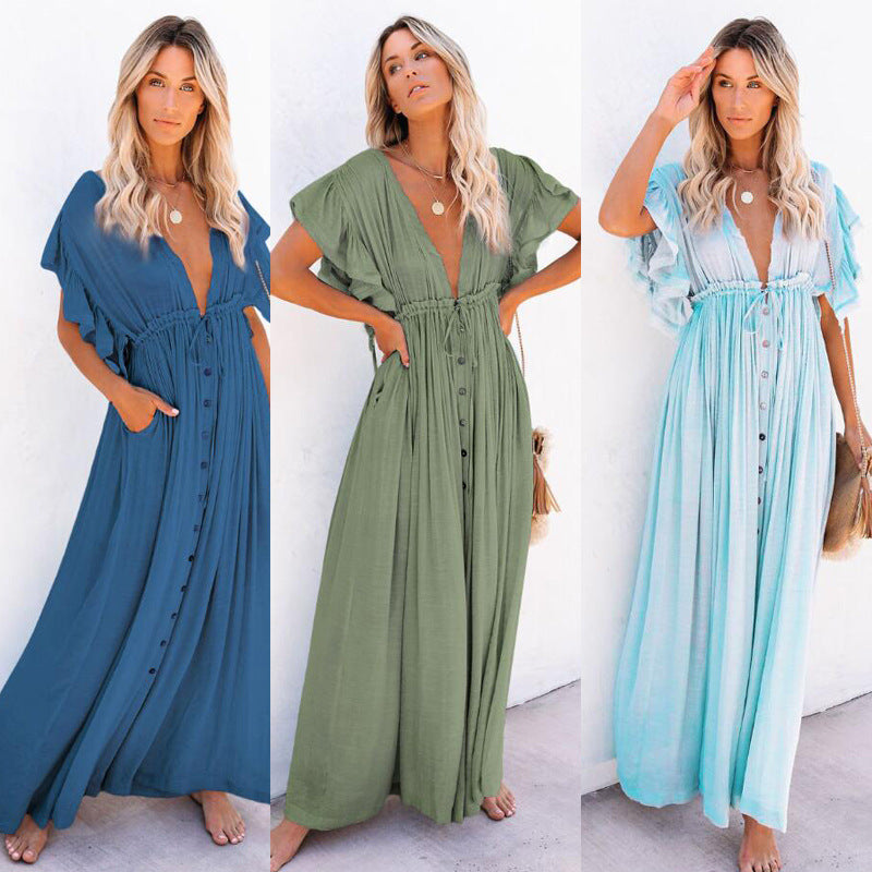 Femme Bohemian Maxi-kjole med vingerærmer og knapdetalje Stilla