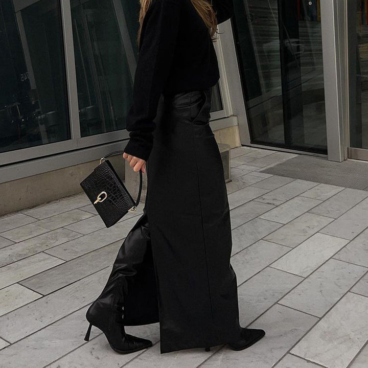 Dame Elegant Maxiskørt i høj kvalitet kunstlæder med sidelæg Stilla