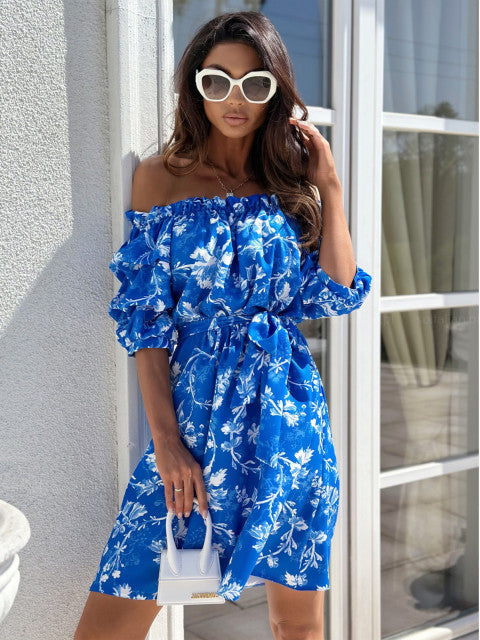 Dame Off-Shoulder Strandkjole med flæse detaljer og taljebælte Stilla