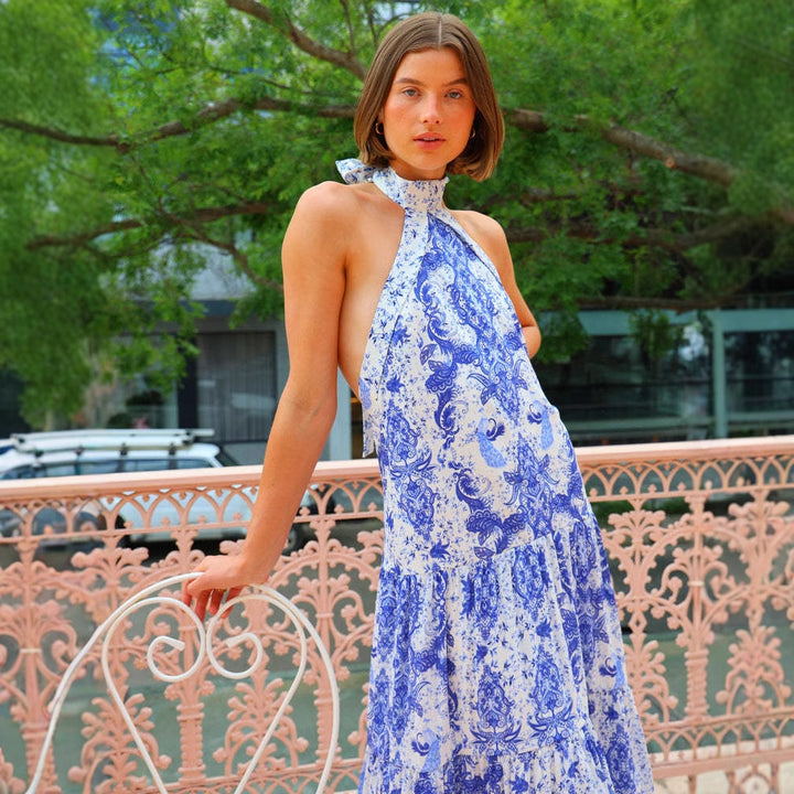Dame Maxi Kjole med Halterneck og elegant Print Stilla