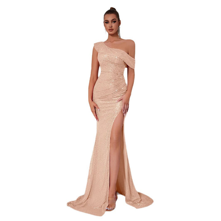 Damer Elegant Off-Shoulder Aftenkjole med Funklende Pailletter og Høj Slids Stilla