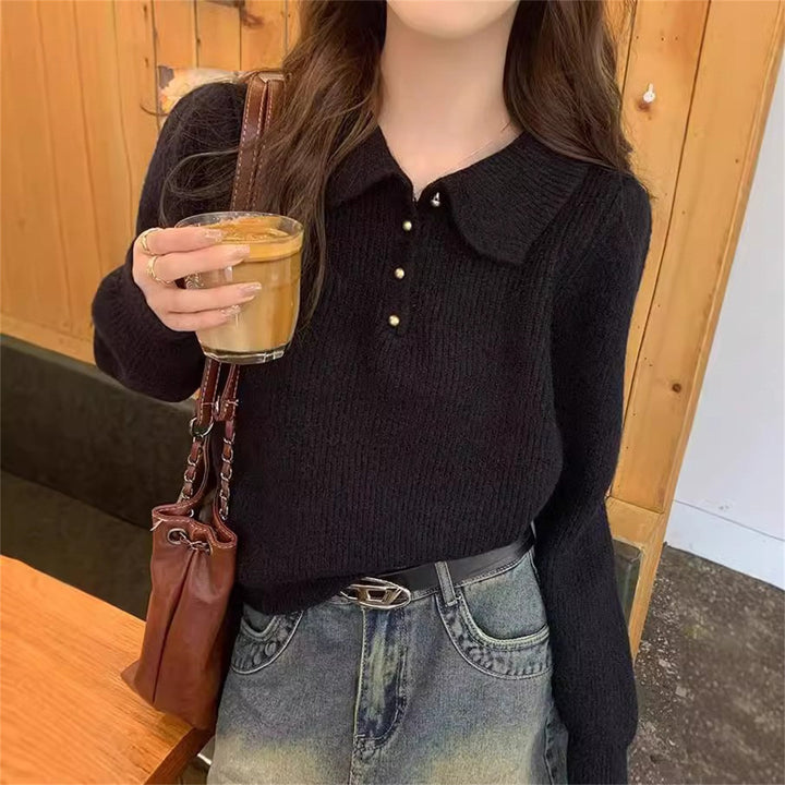 Kvinders sweater med tekstureret polo krave og knapdetaljer Stilla