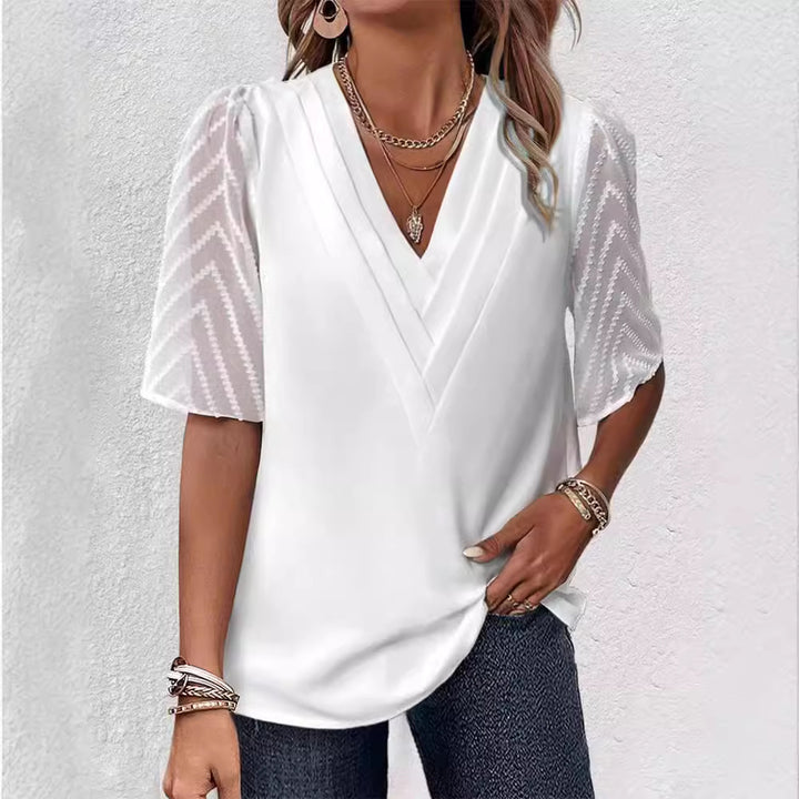 Damer nan elegant chiffon top med plisseret V-udskæring og gennemsigtige zigzagærmer Skovae