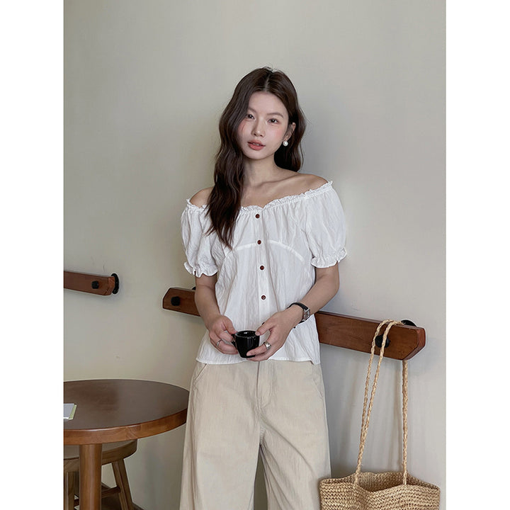 Dame Off-Shoulder Bluse med knapdetaljer og elastiske ærmer Stilla