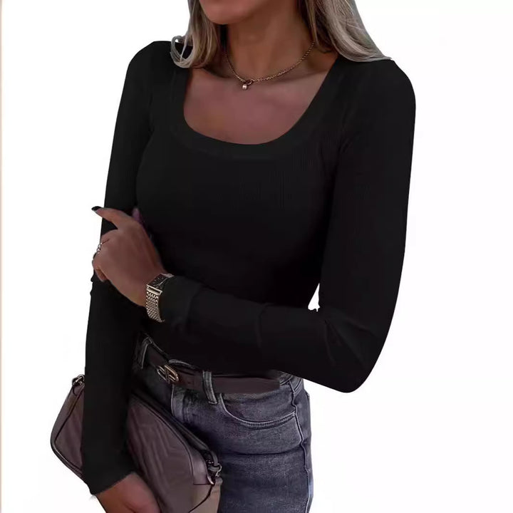 Dame Langærmet Rib-T-shirt med elegant Bådudskæring Skovae