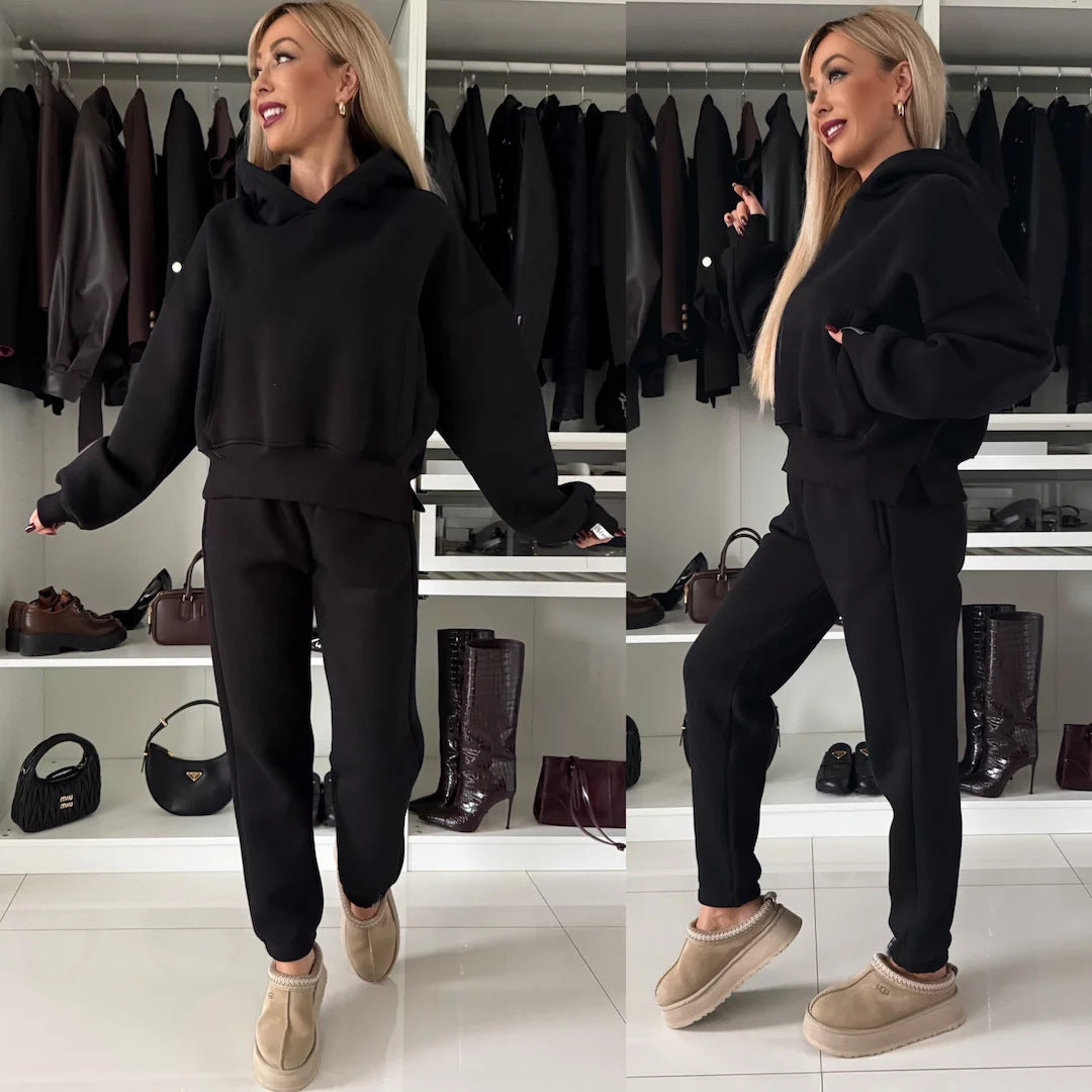 Damer Afslappet Fit Fleece Lounge Sæt med Hætte og Elastisk Livrem Skovae
