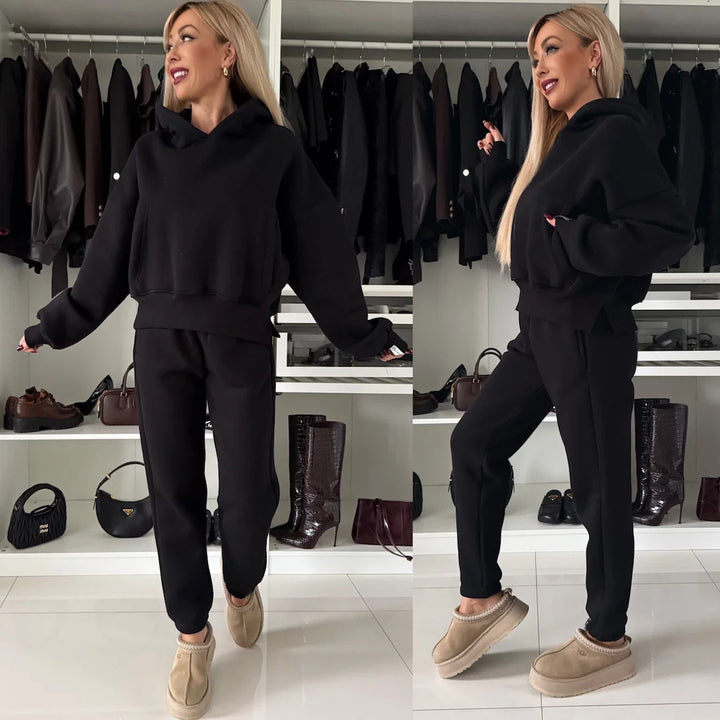 Damer Afslappet Fit Fleece Lounge Sæt med Hætte og Elastisk Livrem Skovae