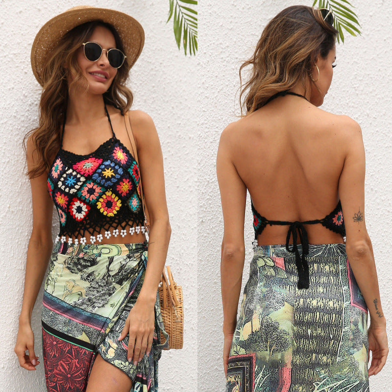 Dame Hæklet Haltertop med livligt Blomsterprint Stilla