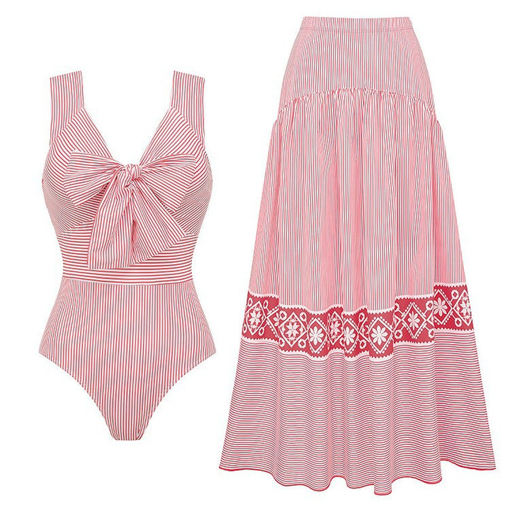 Dame Striped Bikini-Sæt med elegant V-wrap Bluse og moderigtig Skørt Skovae