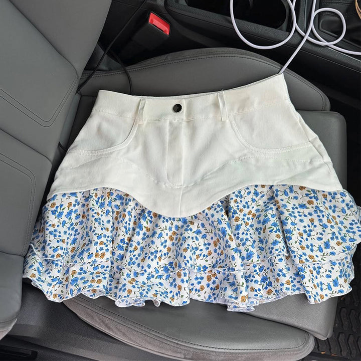 Dame Mini skirt med flæsedetalje og afslappet denim-top Stilla