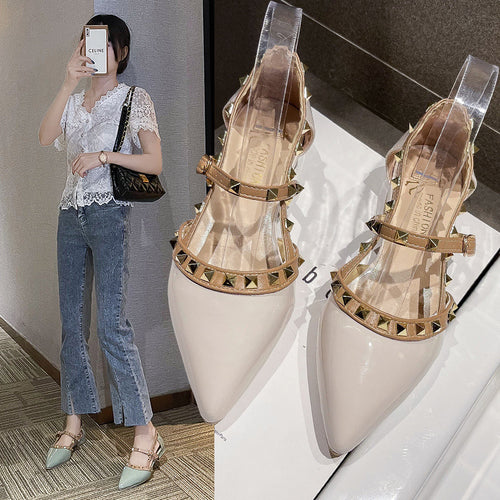 Dame Elegant Spids-Tå Blokhæls Ballerinaer med Nitte Detaljer Stilla