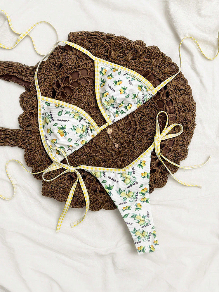 Dame triangel-bikini med blomster mønstre og justerbare bånd Skovae
