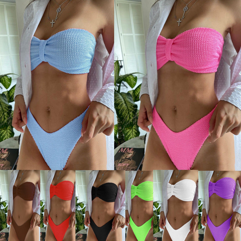 Dame bandeau-bikini med struktureret top og højt skåret trusse Skovae
