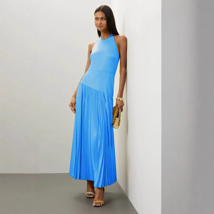 Dame Elegant Maxi Kjole med Flydende Plisseret Nederdel og Halterneck Design