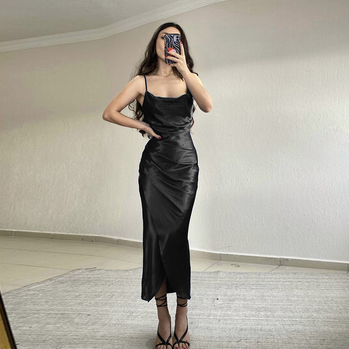 Elegant satin midi-kjole med cowl-neck til damer Stilla