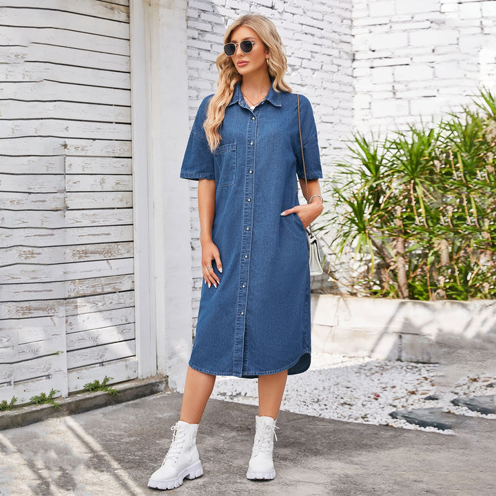Dame Denim Skjortekjole med knapbar design og sidelæg Stilla