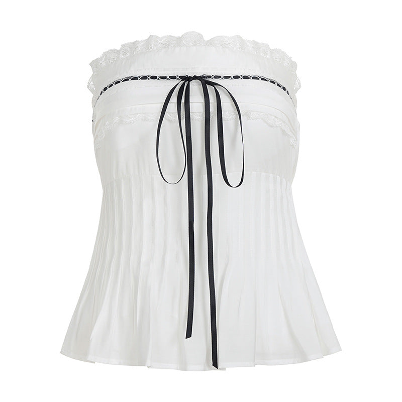 Dame Off-Shoulder Blusenshirt med Rysjer og Bindebånd Skovae