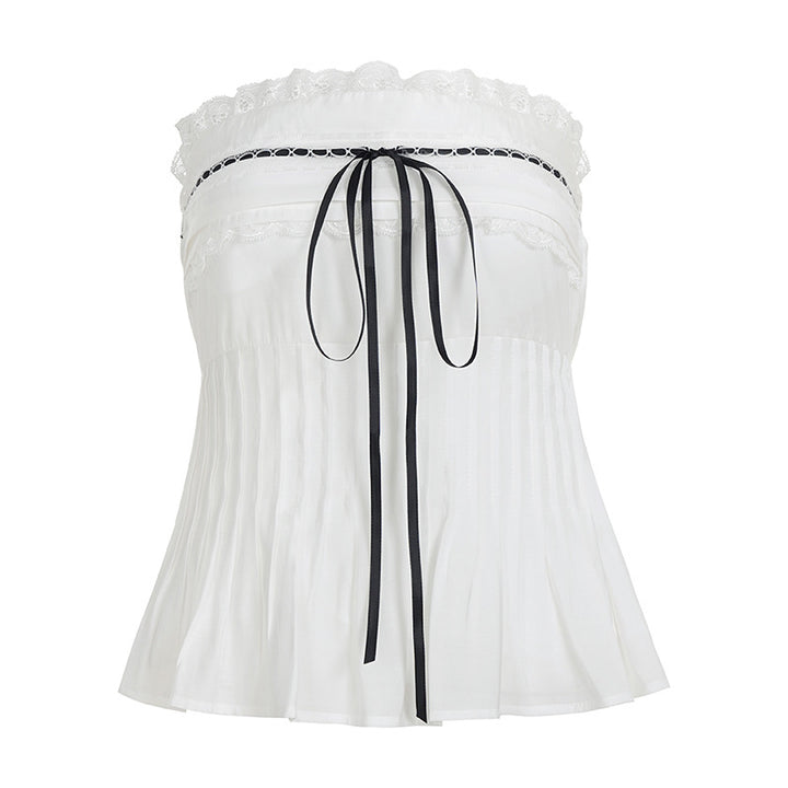 Dame Off-Shoulder Blusenshirt med Rysjer og Bindebånd Skovae