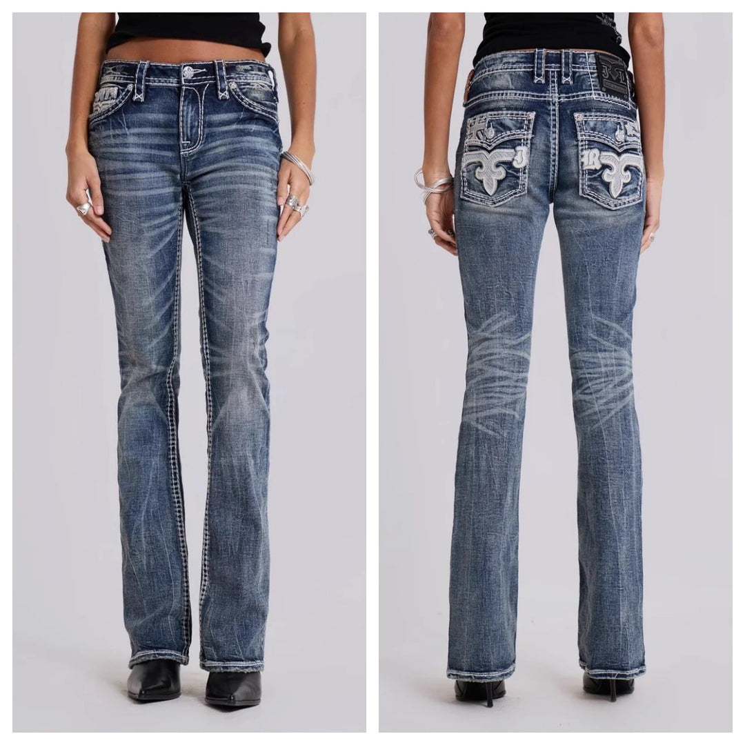 Dame Flared Bootcut Denim Jeans med dekorative syninger Stilla