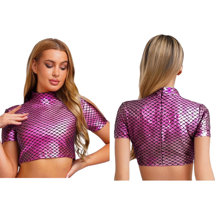Dame Glitrende Cropped Shirt med glitrende fiskskæl-mønster Skovae