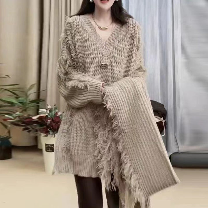 Kvindernes oversized strikket sweater med frynser og V-hals Stilla