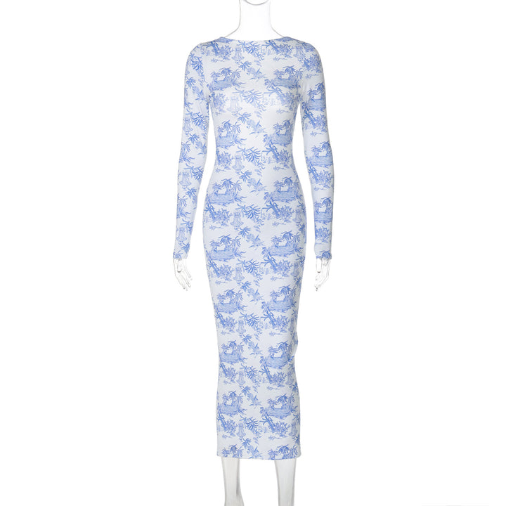 Dame Elegant Langærmet Kjole med Florale Mønstre og Figurtilpasset Snit Stilla