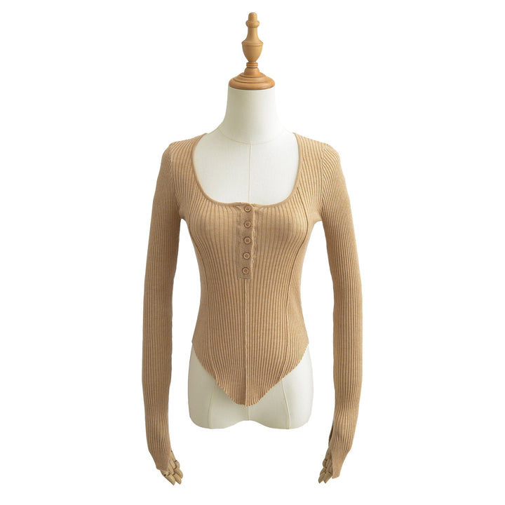 Dame Langærmet bodystocking i elegant ribdesign med knapstolpe Stilla