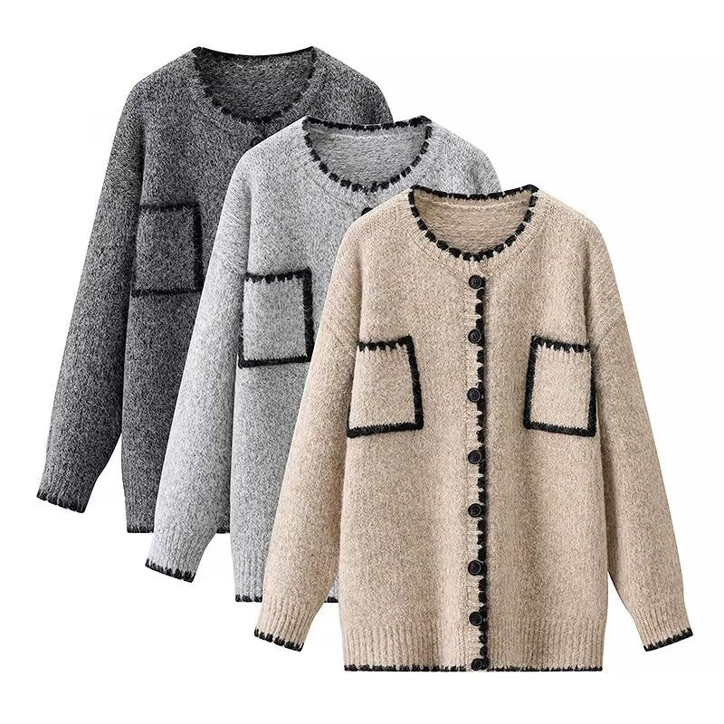 Kvinders cardigan med påsætningslommer og kontrasterende detaljer Stilla
