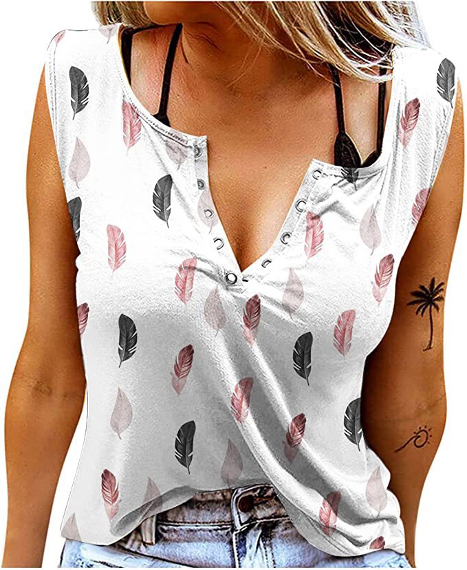 Dame Knapper T-Shirt med Fjerprint Stilla