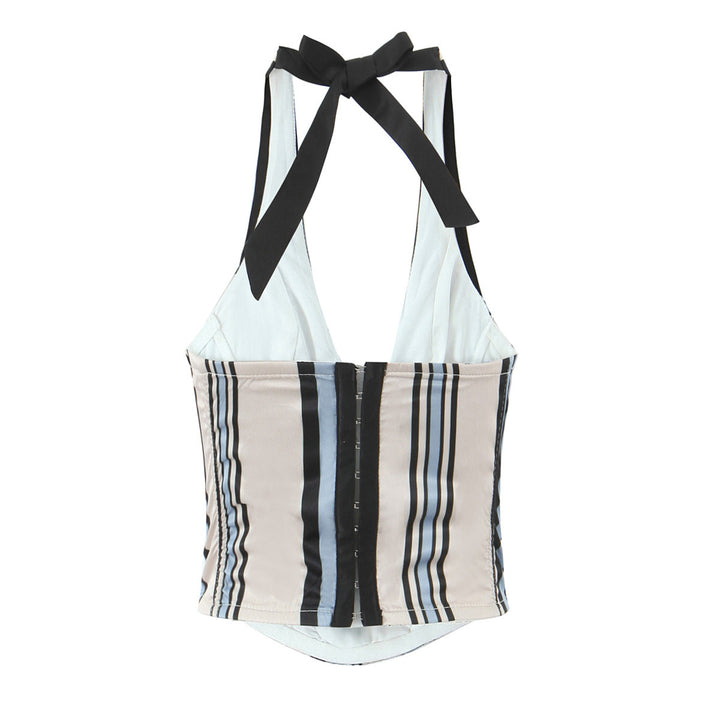 Dame Halsbinde-top med trendy krave og stribet design Stilla