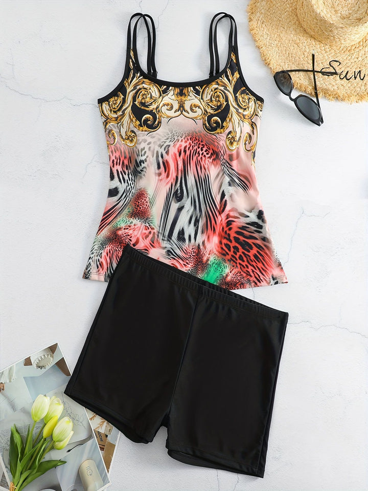 Dame Sportsligt Tankini-sæt med moderne Animal-Print og Boxershorts Skovae