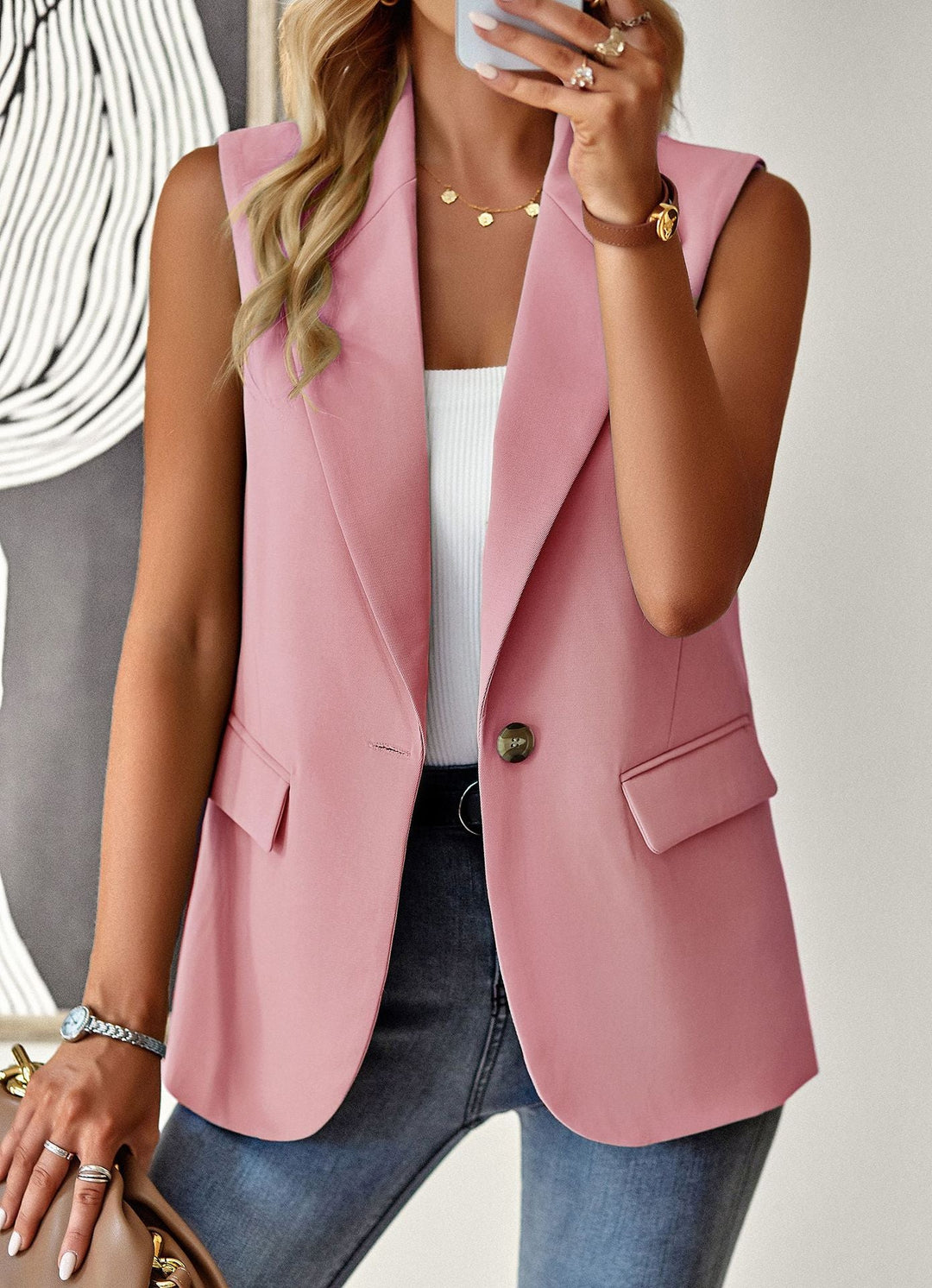 Dame Casual Blazer Uden Ærmer med Taljeret Snit og Elegante Lommer Skovae