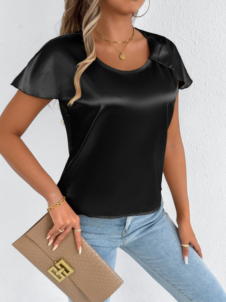 Dame satinbluse med elegante bølger Skovae